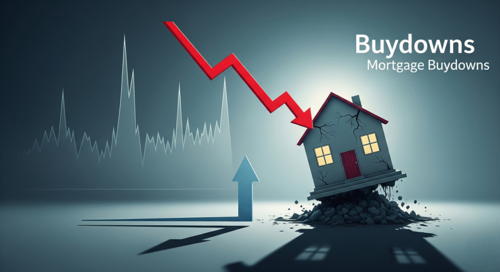 A conceptual image showing a stylized house tilted precariously on a pile of rubble. A large, red arrow points downwards towards the house. A smaller, blue arrow points upwards from a different location, and a financial chart with a volatile line is in the background. The words 'Buydowns' and 'Mortgage Buydowns' are visible in the upper right corner.