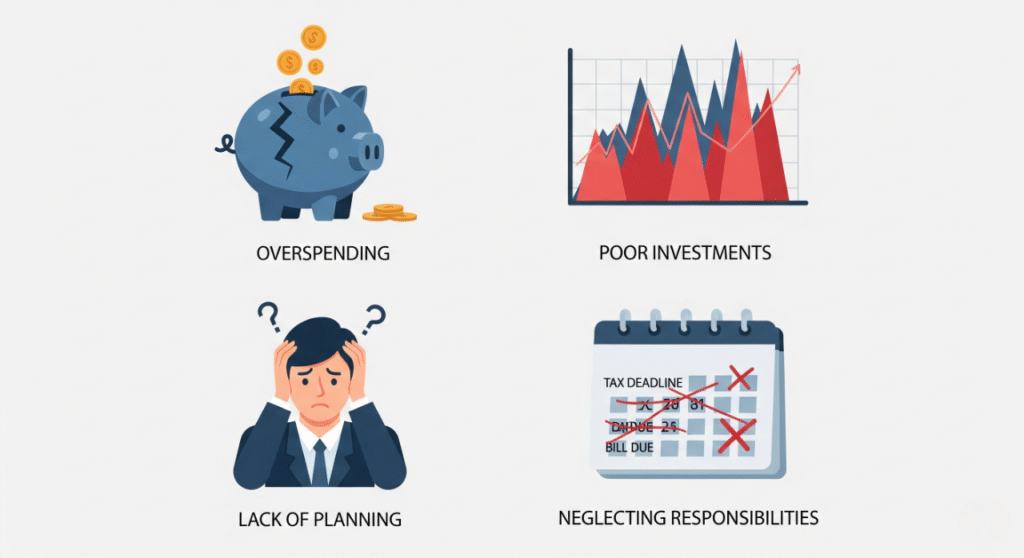 An infographic with four squares, each showing a different financial mistake. The top-left square shows a cracked piggy bank, labeled 'OVERSPENDING.' The top-right shows a volatile financial chart, labeled 'POOR INVESTMENTS.' The bottom-left shows a person looking stressed and confused, labeled 'LACK OF PLANNING.' The bottom-right shows a calendar with dates crossed out, labeled 'NEGLECTING RESPONSIBILITIES.