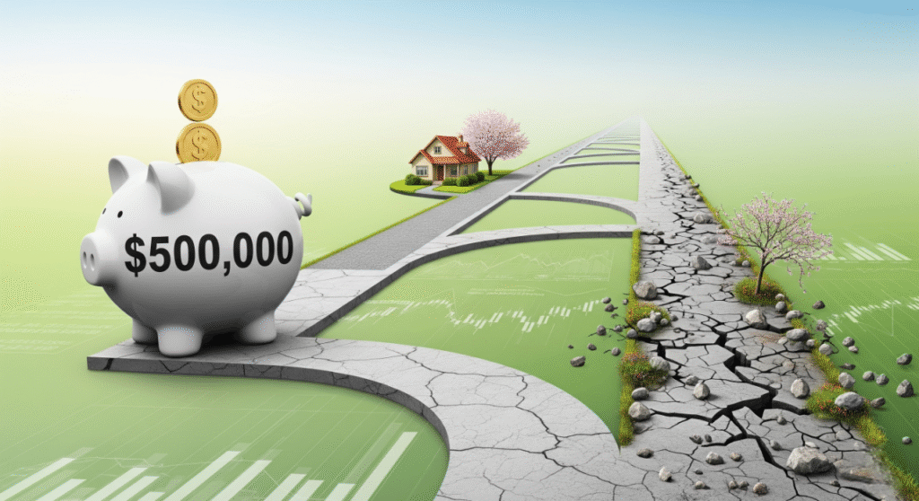 A conceptual image showing a large piggy bank with '$500,000' written on its side. It is at the beginning of two diverging paths. One path is smooth and leads to a small house, while the other is cracked and rocky. The image symbolizes a choice between a secure and an uncertain retirement, based on financial planning.