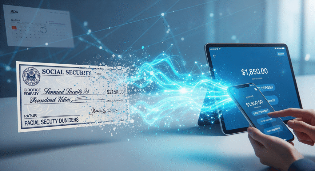 A dynamic conceptual image illustrating the transition from paper Social Security checks to digital payments. A physical check on the left is dissolving into sparkling, blue digital data streams that flow towards a smartphone and a tablet held by hands on the right, displaying "DIRECT DEPOSIT" notifications with a monetary amount. In the background, a calendar highlights September 2025, and a digital network of glowing lines and dots symbolizes modern financial technology.