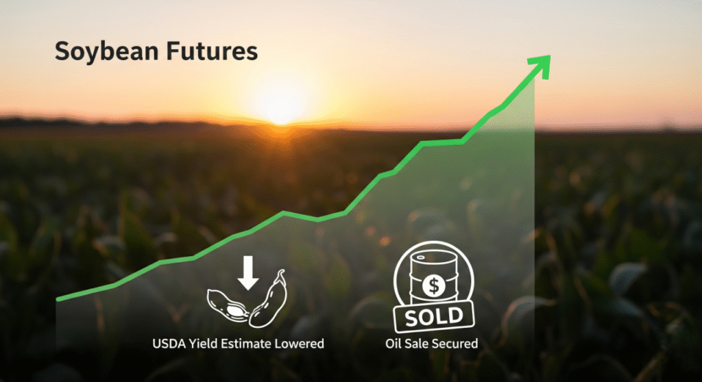 Green upward-trending line chart overlaying a soybean field at sunset, with icons representing "USDA Yield Estimate Lowered" (down arrow to soybeans) and "Oil Sale Secured" (barrel marked "SOLD"), illustrating soybean futures climbing.