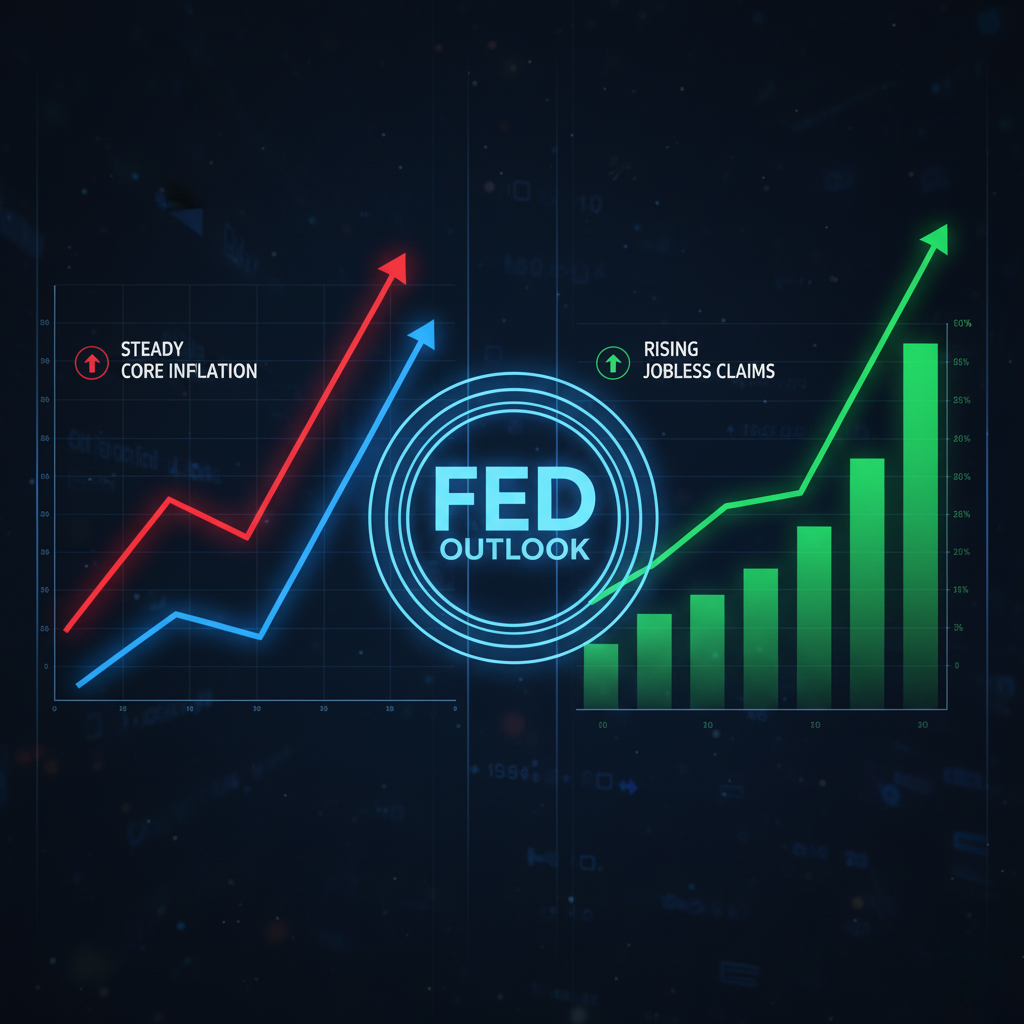 A dual-panel conceptual image illustrating economic factors influencing the Federal Reserve's outlook. The left panel shows a red and blue line graph with an upward trend, labeled "STEADY CORE INFLATION." The right panel displays a green bar chart with a clear upward trend, labeled "RISING JOBLESS CLAIMS." Centered between the two charts is a glowing blue circle with "FED OUTLOOK" inside, connecting these economic indicators to the Federal Reserve's perspective. The background is a dark, data-infused digital interface.