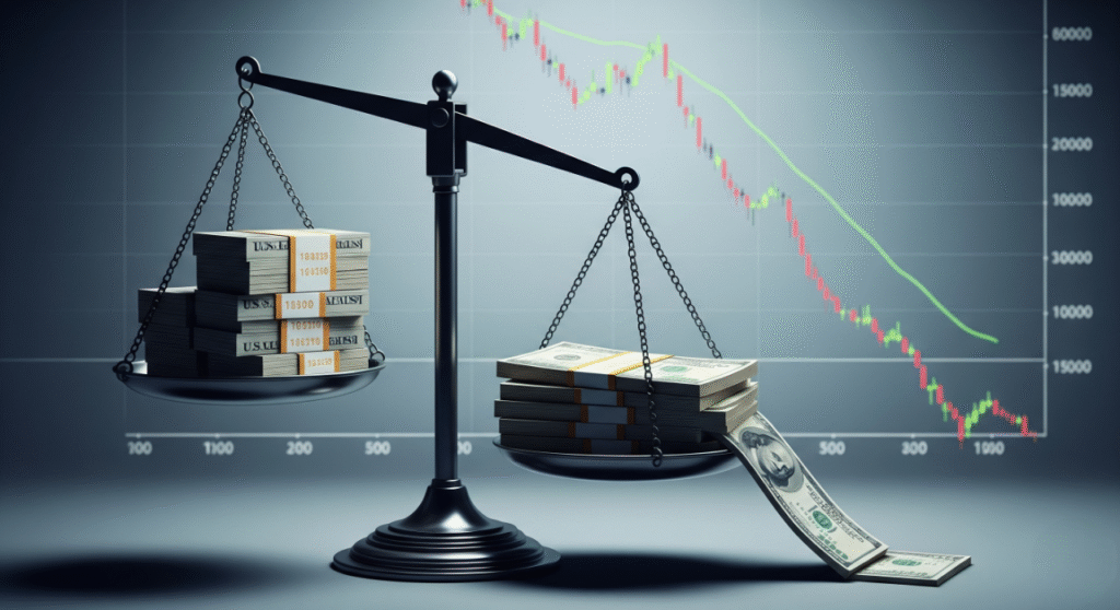 A conceptual image showing a tilted scale. On the left side, a stack of U.S. Treasury bonds is lighter, while on the right side, a stack of dollar bills is heavier, causing the scale to dip significantly on the right. In the background, a financial chart displays a steep downward trend. The image symbolizes a loss of yield advantage and higher costs