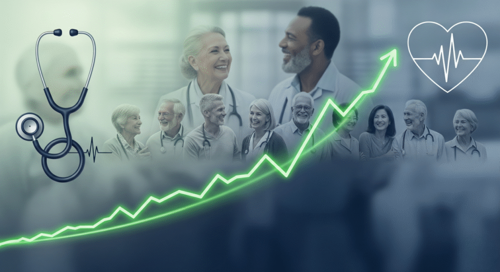 "A conceptual image with a green, glowing line graph showing an upward trend, representing stock growth. In the background, there is a subtle montage of smiling senior individuals, a stethoscope on the left, and a stylized heart with a pulse line on the right, all set against a blue and green gradient background.