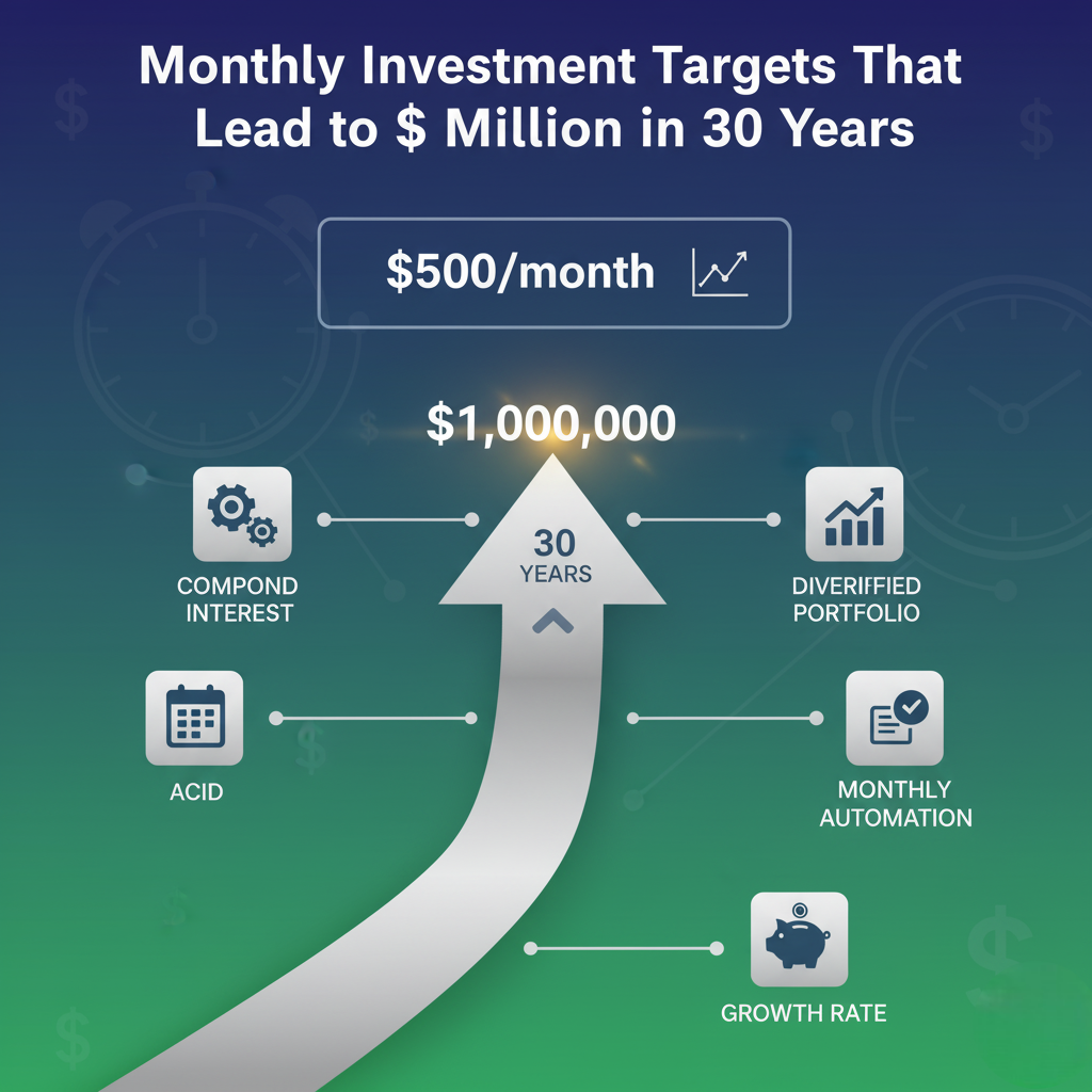 A financial graphic illustrating compound interest and long-term investment. A stylized calendar or coin stack representing "Monthly Investment Targets" is linked by an upward-curving growth line to a prominent "1,000,000" dollar sign on the right. The number "30" in a circle is shown along the growth line, representing the time horizon in years. The image visually connects consistent saving (monthly deposits) with the goal of reaching one million dollars through investment.