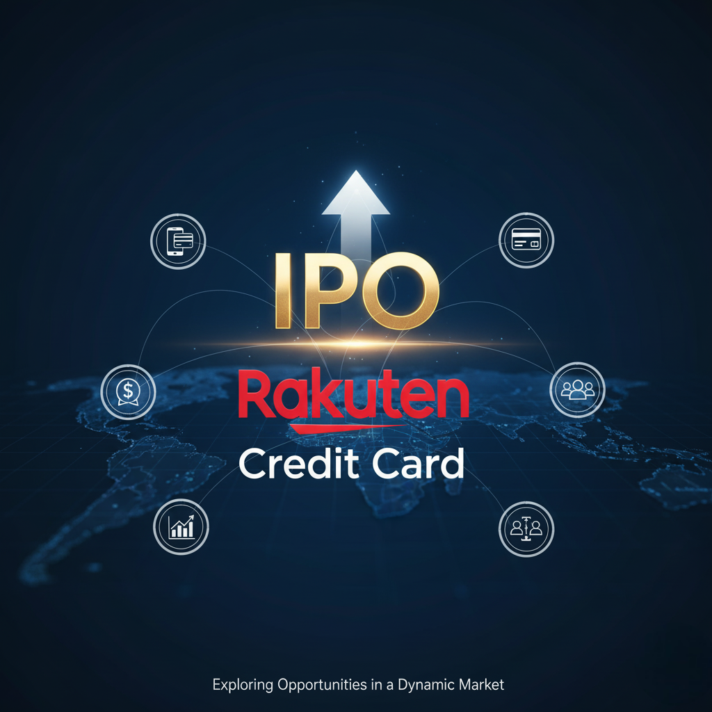 A graphic representing the finance and technology landscape. A Rakuten logo (or a stylized 'R') is placed on a credit card design, aiming toward a map of the United States. A rising stock chart arrow is prominent, signifying the IPO (Initial Public Offering). In the background, abstract shapes or lines represent "fintech competition" and market disruption. The overall image visualizes Rakuten's move to list its credit card arm in the U.S. to better compete.