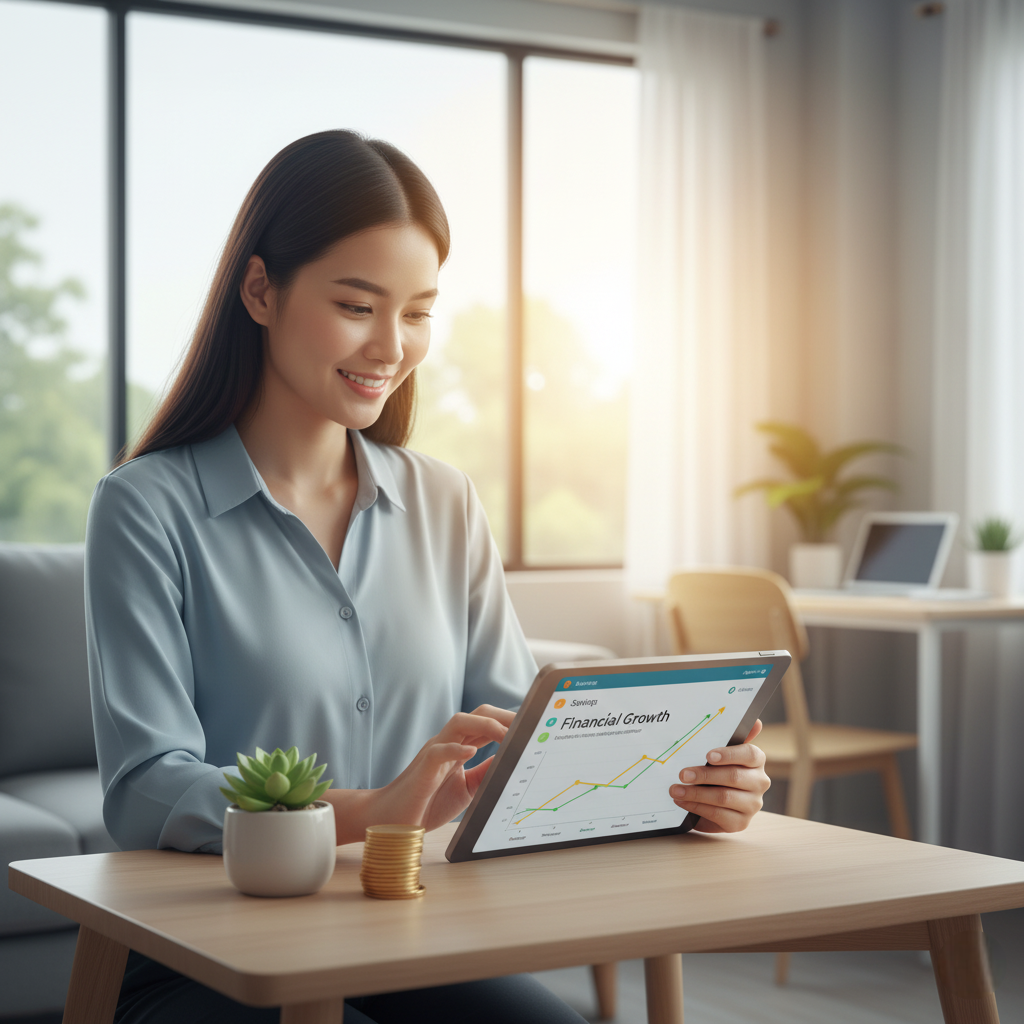 Person successfully using a simple budgeting method with a digital tracker to achieve financial peace.
