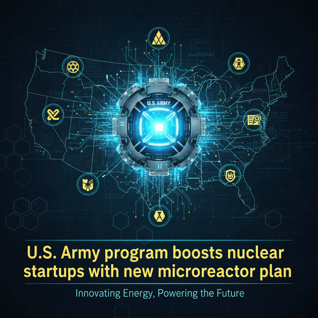 A futuristic graphic depicting the intersection of military and clean energy. A stylized microreactor (small nuclear core) glows in the center, integrated into a tactical military base or operational field environment. The U.S. Army Star logo is visible, alongside an upward-pointing arrow and a silhouette of a power plug, symbolizing the boost to nuclear startups and portable energy. The text "Project Pele" or similar is subtly hinted at, emphasizing the military's push for advanced, resilient nuclear power.