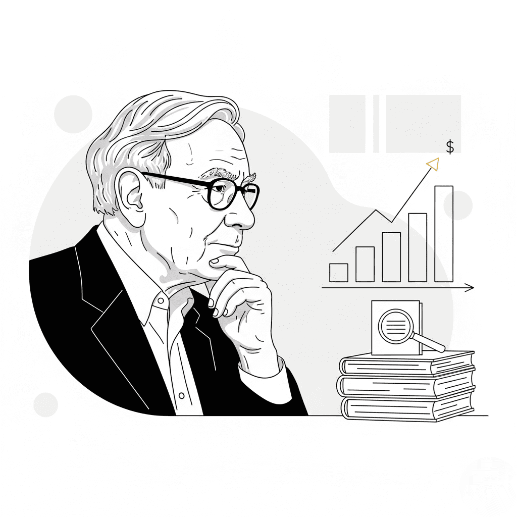 Black and white illustration of Warren Buffett, symbolizing his simple and effective investment rules for beginner investors.