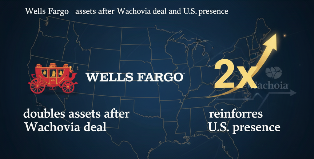 A stylized map of the United States with "WELLS FARGO" prominently displayed. A classic Wells Fargo stagecoach icon is on the left, next to text indicating "doubles assets after Wachovia deal." On the right, a large "2x" with an upward-pointing arrow and a faint "Wachovia" logo represent the doubling of assets and "reinforces U.S. presence." The overall image illustrates the impact of the Wells Fargo-Wachovia deal on the bank's growth and national footprint.