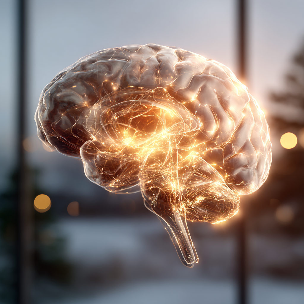 Visual representation of a healthy human brain highlighting the hippocampus area with golden light, symbolizing neurogenesis and memory repair.