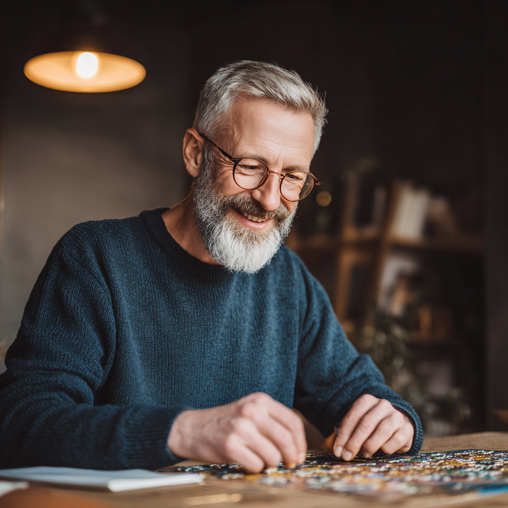 An elderly person engaging in mental exercises with a digital tablet, representing proactive strategies against cognitive decline.