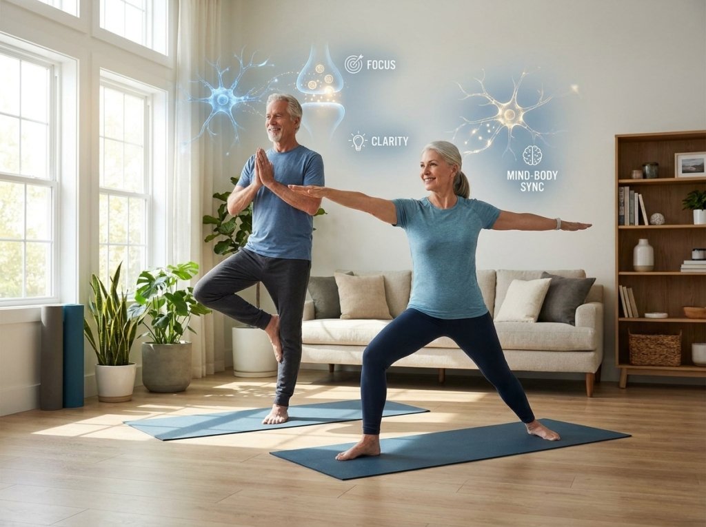 Seniors practicing yoga with digital brain-health icons, demonstrating how movement preserves cognition across the lifespan.