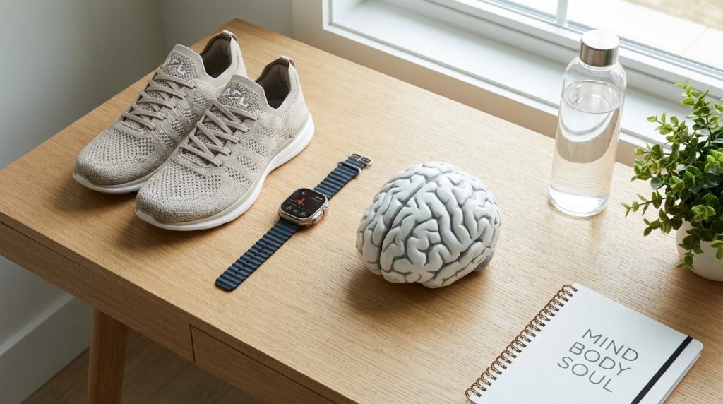 Fitness equipment and a brain model on a desk, representing practical protocols for exercise and brain health.