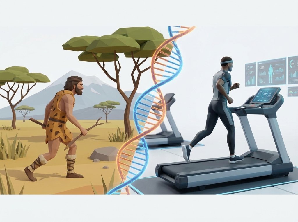 Comparison between prehistoric movement and modern exercise, showing the evolutionary link between physical activity and cognitive development.